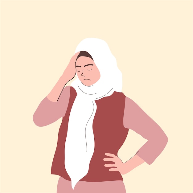 Illustratie van een vrouw die hijab draagt, duizelig gestresste handen