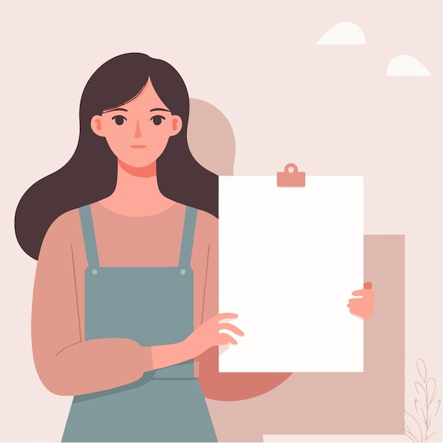 Vector illustratie van een vrouw die leeg papier vasthoudt in een platte ontwerpstijl