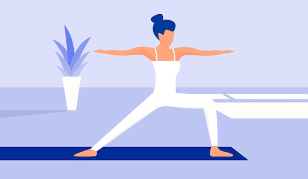 Illustratie van een vrouw die thuis yoga doet Yogalessen in quarantaine Het concept van yoga meditatie ontspanning Voorraad vectorillustratie EPS-10