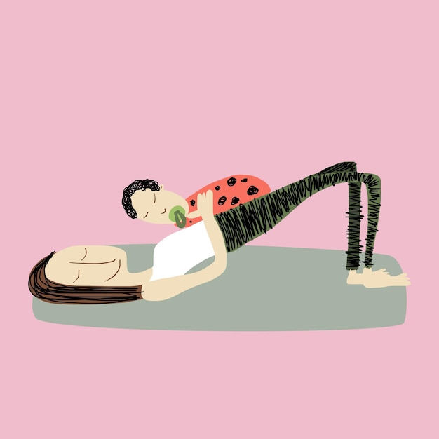 Illustratie van een vrouw met een baby die een yogabrug doet