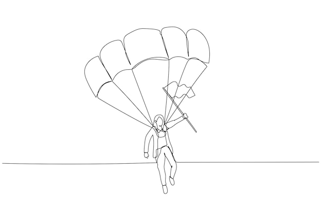 Illustratie van een zakenvrouw aan een parachute met een vlag landt op doel concept van oplossing Een ononderbroken lijn kunststijl