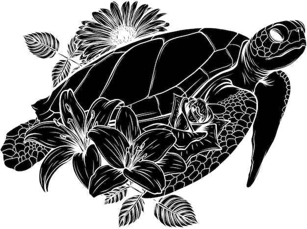 Vector illustratie van een zeeschildpad met een bloem op een witte achtergrond