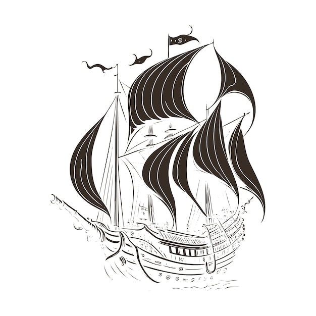 Illustratie van een zeilschip van piraten op zee