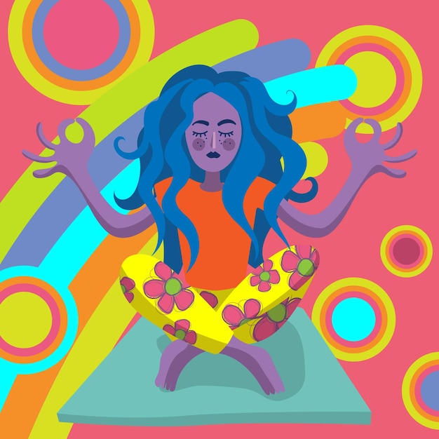 Vector illustratie van een zen vrouw in lotus yoga positie kleurrijk ontwerp vrouwelijkheid en natuur