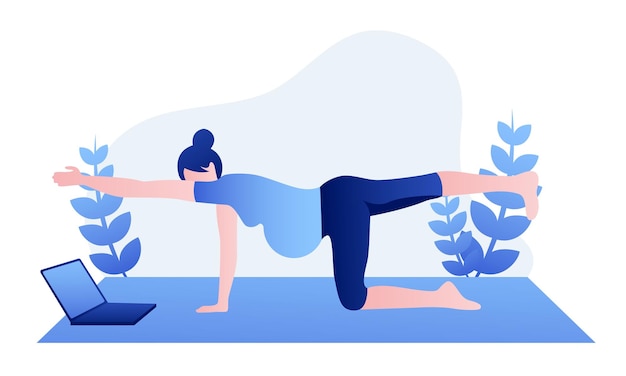 Illustratie van een zwangere vrouw die online yoga doet Yogalessen in quarantaine online Het concept van yoga meditatie ontspanning Voorraad vectorillustratie EPS-10