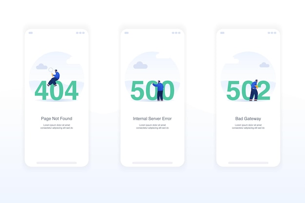 Illustratie van foutschermen met uitzonderingen lege staten pagina niet gevonden fout 404 interne serverfout 500 slechte gateway-fout 502 Modern plat ontwerpconcept ui ux