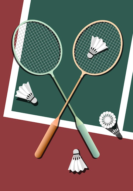 Illustratie van gekruiste badmintonrackets op het veld met shuttlecocks