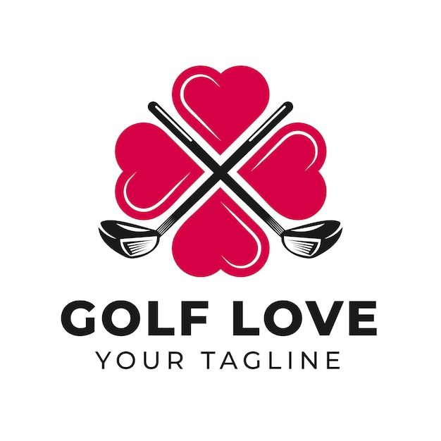 Vector illustratie van gekruiste golfclubs met iconlove-symbool sportlogo-ontwerp