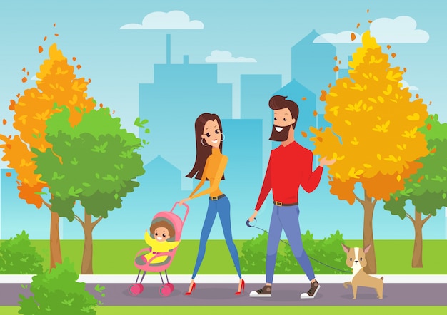 illustratie van gelukkige jonge familie met peuter wandelen in stadspark buiten met moderne stadsgezicht achtergrond in cartoon stijl.