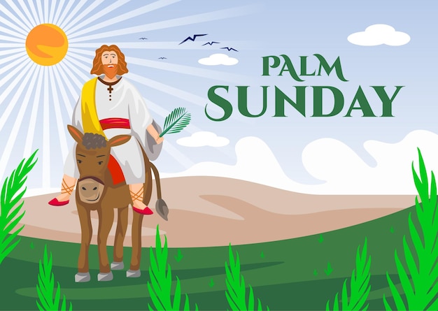 Illustratie van gelukkige palmzondag met de afbeelding van jezus die palmbladeren draagt en paardrijdt