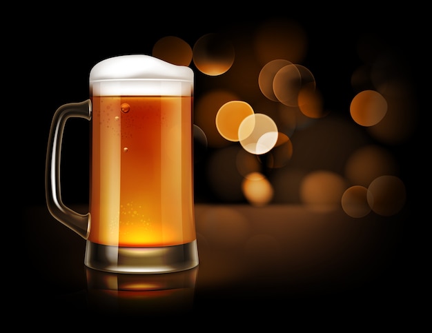 illustratie van glazen mok vol bier met schuim, vooraanzicht op donkere sprankelende achtergrond
