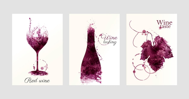 Illustratie van glazen wijnfles en wijnstokblad met rode wijnvlekken