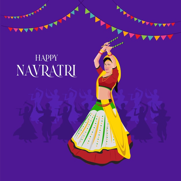 illustratie van godin Durga Face For Happy Navratri Couple Spelen Garba en Dandiya in Navratri