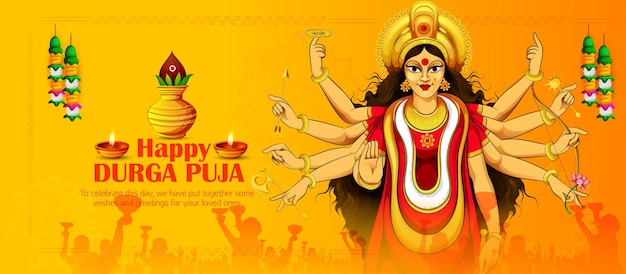 illustratie van godin Durga voor Happy Navratri-festival, paar dat Dandiya speelt, Garba Night in N