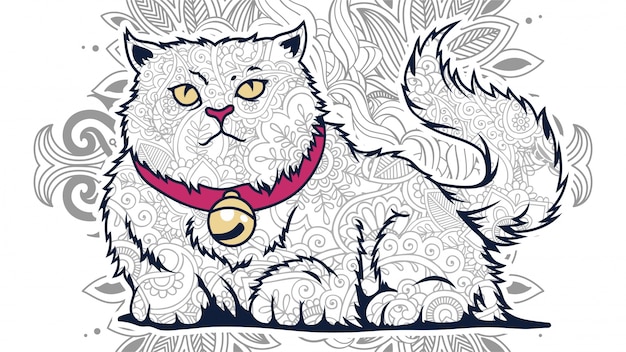 Vector illustratie van grappige cartoon dikke kat met citaten in gestileerde zentangle