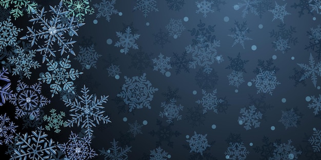 Illustratie van grote complexe doorschijnende kerstsneeuwvlokken in donkerblauwe kleuren, aan de linkerkant, op een achtergrond met vallende sneeuw