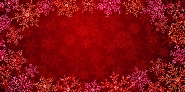 Illustratie van grote complexe doorschijnende kerstsneeuwvlokken in rode kleuren, rondom, op een achtergrond met vallende sneeuw