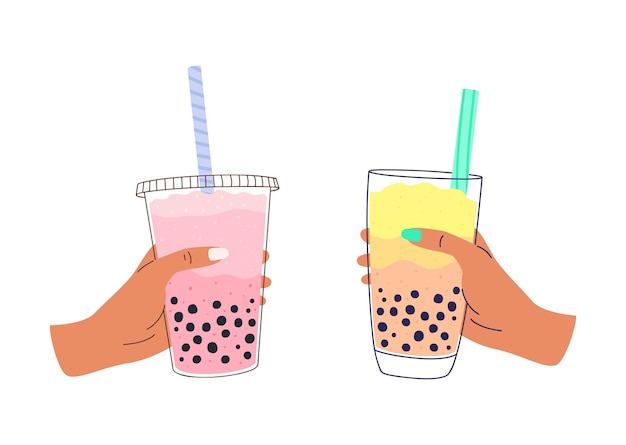 Illustratie van handen met Taiwanese thee met melk en tapioca in een plastic en glazen beker.