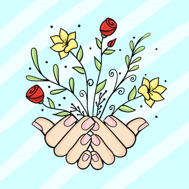 Illustratie van handen met verschillende bloemen