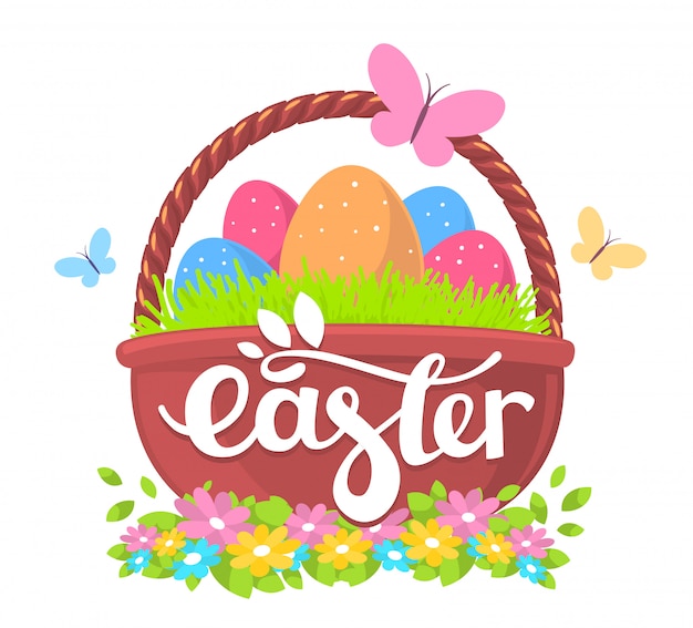 Illustratie van happy easter groeten met grote mand met kleurrijke eieren en tekst op witte achtergrond.