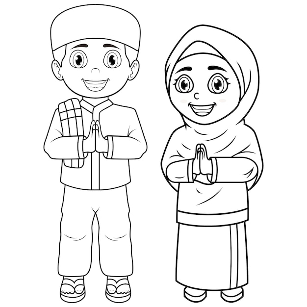 Illustratie van Happy paar moslim kinderen cartoon lijntekeningen