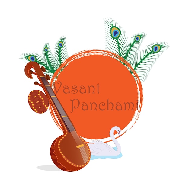 Vector illustratie van happy vasant panchami met sitar en zwaan, achtergrondontwerp.