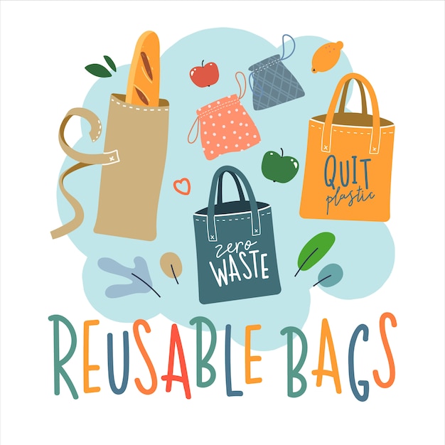 Illustratie van herbruikbare zakken voor ecologische levensstijl zonder afval