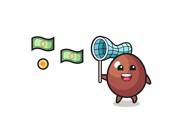 Vector illustratie van het chocolade-ei dat vliegend geld vangt