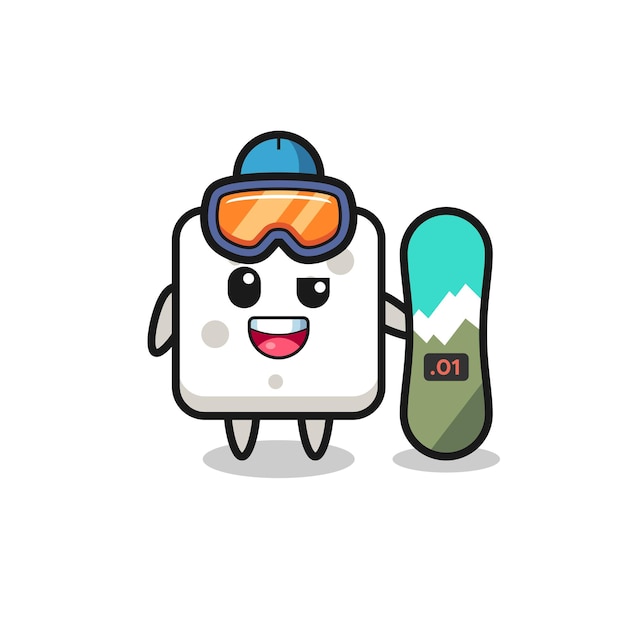Illustratie van het karakter van een suikerklontje met snowboardstijl