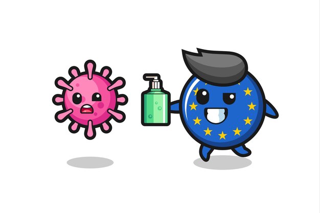 Vector illustratie van het kentekenkarakter van de vlag van europa dat kwaadaardig virus achtervolgt met handdesinfecterend middel