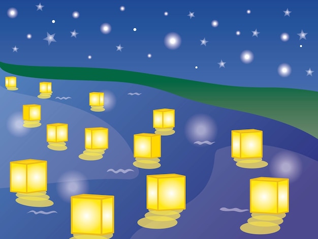 Illustratie van het zweven van lantaarns onder de sterrenhemel
