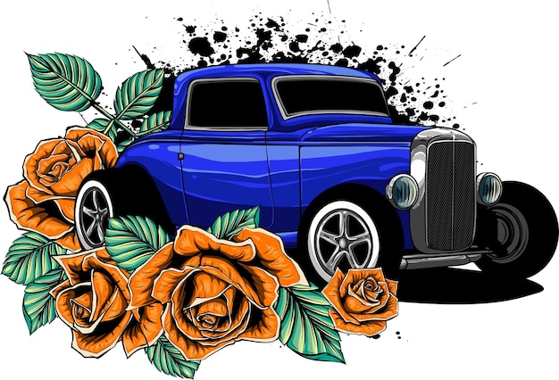 Vector illustratie van hot rod auto met rozen