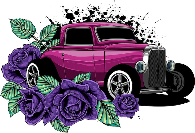 illustratie van hot rod auto met rozen