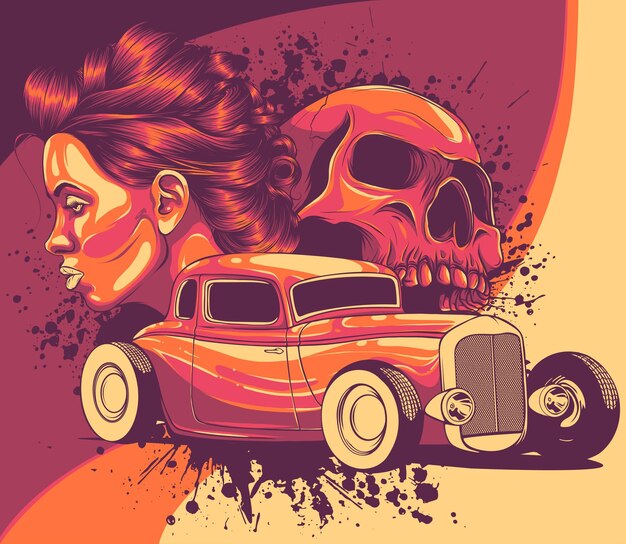 Vector illustratie van hot rod auto met vrouw en schedel