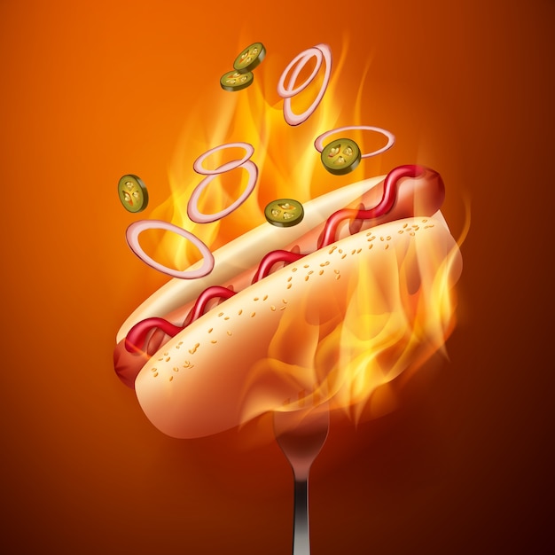 Illustratie van hotdog met gegrilde worst in broodje