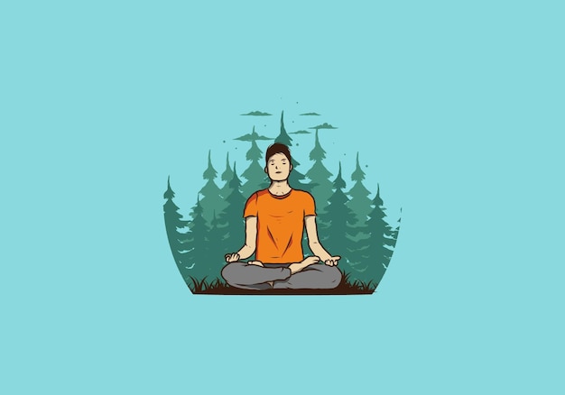 Illustratie van iemand die yoga doet en buiten mediteert in een bos in de natuur tussen pijnbomen
