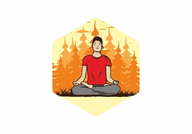 Illustratie van iemand die yoga doet en buiten mediteert in een bos in de natuur tussen pijnbomen