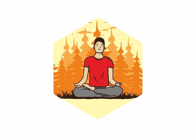 Vector illustratie van iemand die yoga doet en buiten mediteert in een bos in de natuur tussen pijnbomen