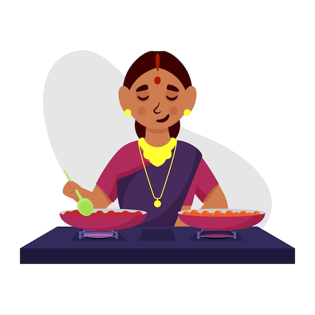 Illustratie van indiase vrouw koken in de keuken
