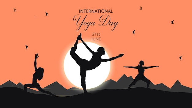 Illustratie van internationale yoga dag 21 juni zonsopgang banner achtergrond