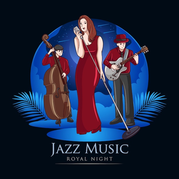 Vector illustratie van jazz musician orchestrator met een verhaal dat jazzmuzikanten en jazzzangers vertelt die een concert hebben in een elegante nacht