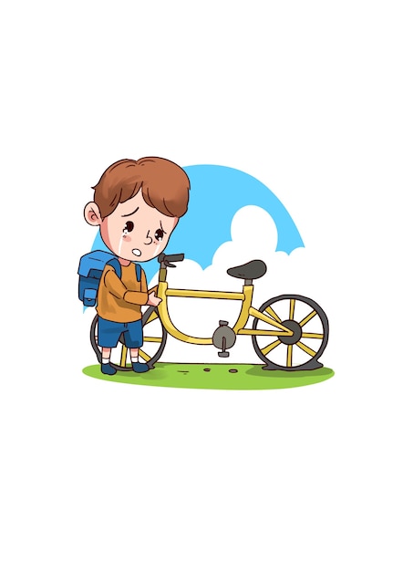 Illustratie van jonge jongen verdrietig met fiets