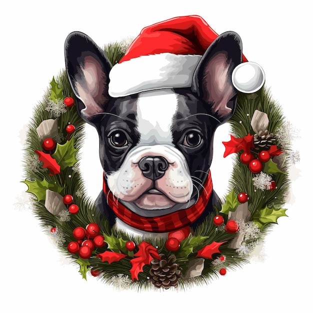 Illustratie van kerst hond in kerstmuts aquarel stijl