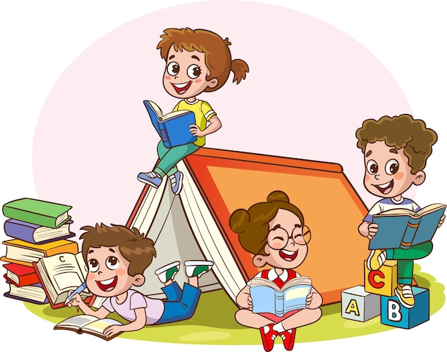 Illustratie van kinderen die buiten de tent boeken leren en lezen