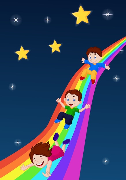 Illustratie van kinderen die neer een regenboog glijden