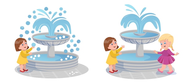 Illustratie van kinderen die rond de fontein spelen