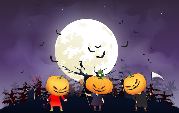 illustratie van kinderen trick or treat in Halloween-kostuum