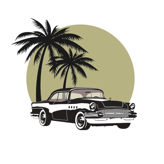 illustratie van klassieke retro vintage muscle car met achtergrond van kokospalm