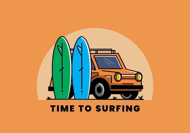 Illustratie van kleine auto en twee surfplanken