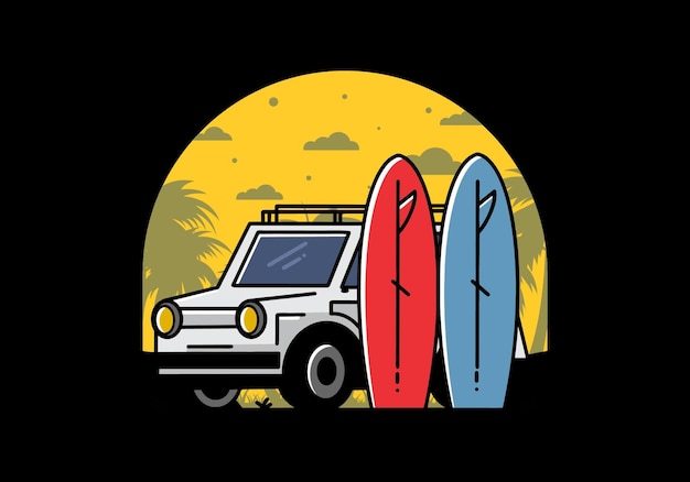 Illustratie van kleine auto en twee surfplanken